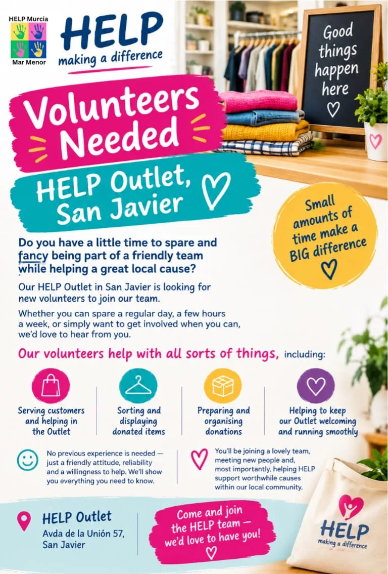 VOLUNTEERS NEEDED – HELP OUTLET, SAN JAVIER